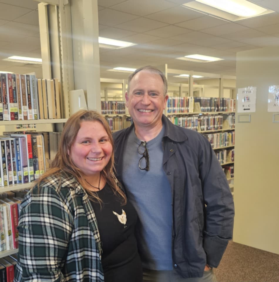Librarians Shauna and Donna with author Paul Doiron at Wells Public Library Maine.